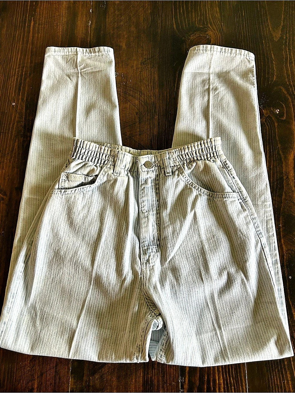 Vintage 90s Lee Pinstripe Mom Jeans High Rise Elastic Waist 28